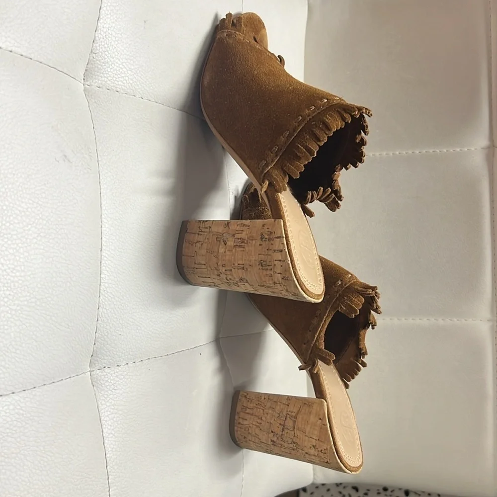 Tory Burch Huntington Sandals Womens 6 Brown Fringed Suede Cork Block Heel